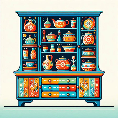 Vintage cupboard with dishes and teapot. Vector illustration.のイラスト素材