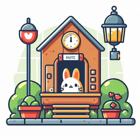 Vector illustration of a house with a rabbit and a lantern on the streetのイラスト素材