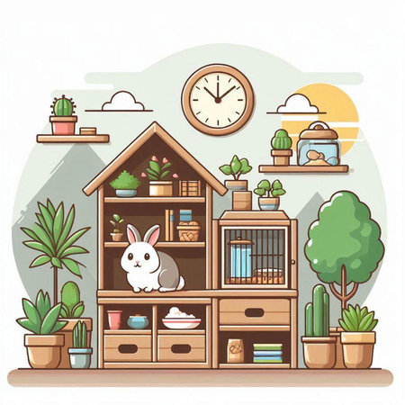 Vector illustration of a cozy home interior with bookshelves, potted plants, clock and a rabbitのイラスト素材