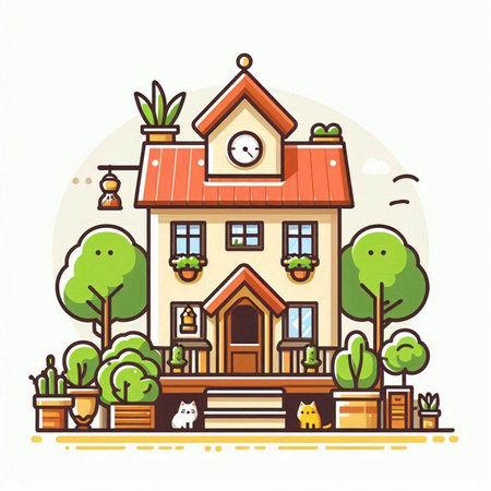 Vector illustration of house in flat style with trees, plants, chimney and clockのイラスト素材