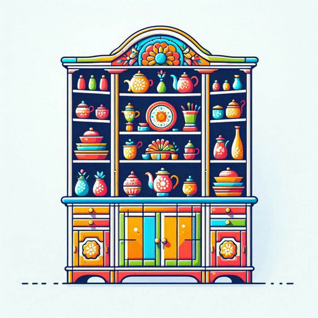 Illustration of a vintage cupboard with different utensils.のイラスト素材