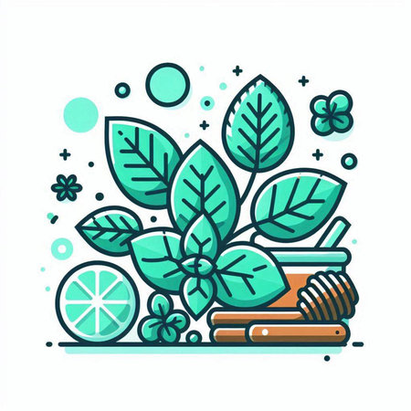 Lemon and mint leaves vector line art icon. Herbal cosmetic illustration.のイラスト素材