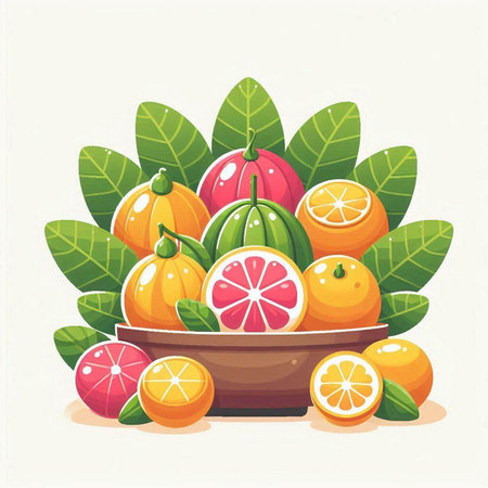 Citrus fruits in a bowl with leaves. Vector illustration.のイラスト素材