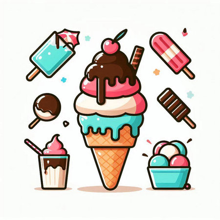 Ice cream doodle cartoon vector illustration. Colorful ice cream icon.のイラスト素材