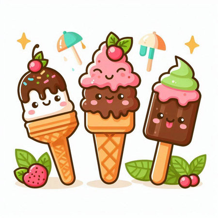 Cute cartoon ice cream cone with different flavors. Vector illustration.のイラスト素材