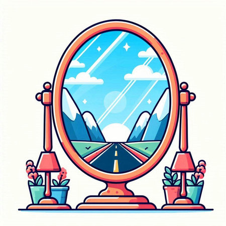 Mirror with road and mountains. Vector illustration in flat style.のイラスト素材