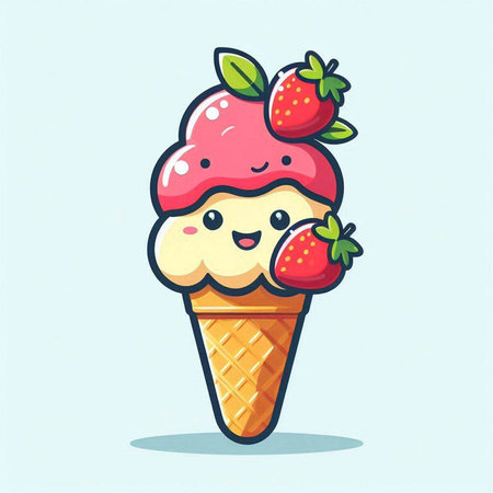Cute ice cream cartoon character with strawberry and waffle cone vector illustrationのイラスト素材