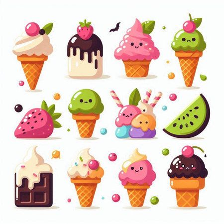 Ice cream icon set in flat style. Vector illustration of sweet dessert.のイラスト素材