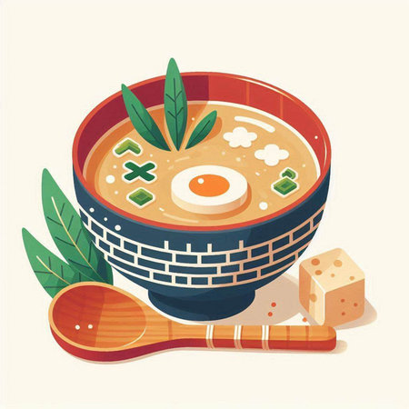 Japanese miso soup in a bowl with wooden spoon and chopsticks. Vector illustration.のイラスト素材