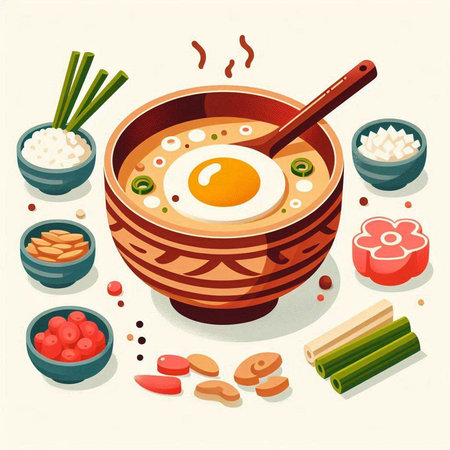 Japanese food, miso soup with egg in bowl. Vector illustration.のイラスト素材