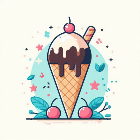 Vector illustration of ice cream in a waffle cone with cherry, ice cream in flat style.のイラスト素材