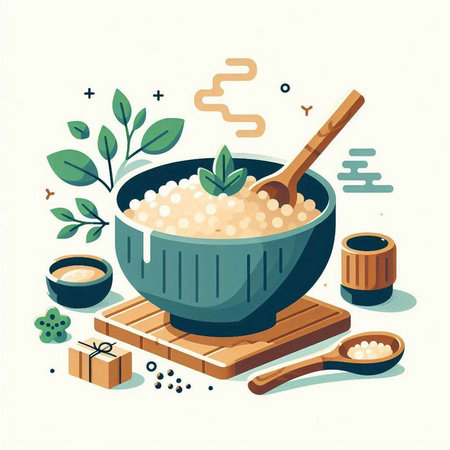 Bowl with porridge, wooden spoon and green leaves. Vector illustration.のイラスト素材