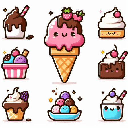 Ice cream icon set. Cute cartoon ice cream vector illustration.のイラスト素材