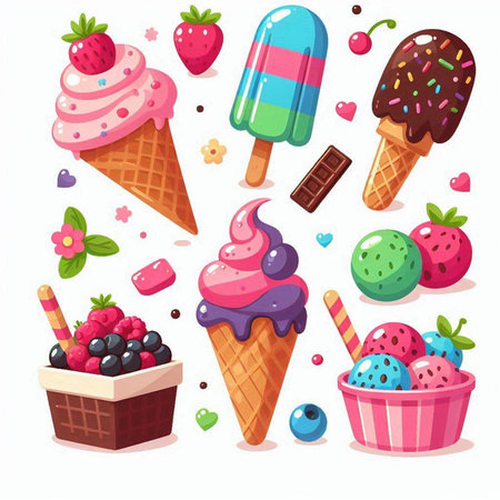 Ice cream vector set. Ice cream, chocolate, strawberry, blueberry, raspberry, strawberry, waffle cone.のイラスト素材