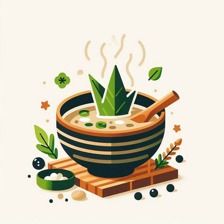Japanese miso soup in a bowl on a wooden stand. Vector illustration.のイラスト素材