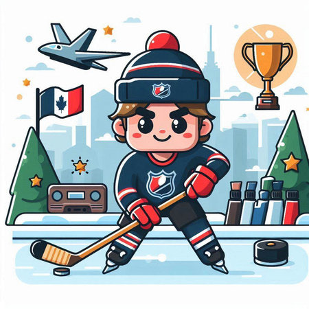 Cute boy playing hockey on the ice rink. Vector illustration.のイラスト素材