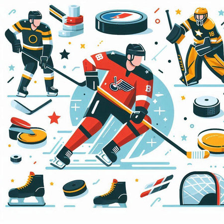 Ice hockey sport background with players and equipment. Vector illustration in flat style.のイラスト素材