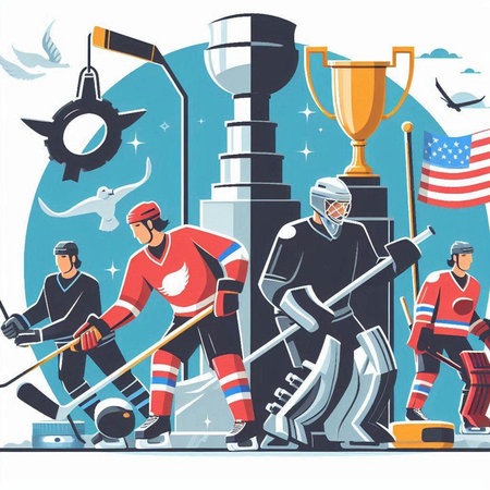 Hockey players with trophy and puck. Flat vector cartoon illustration.のイラスト素材