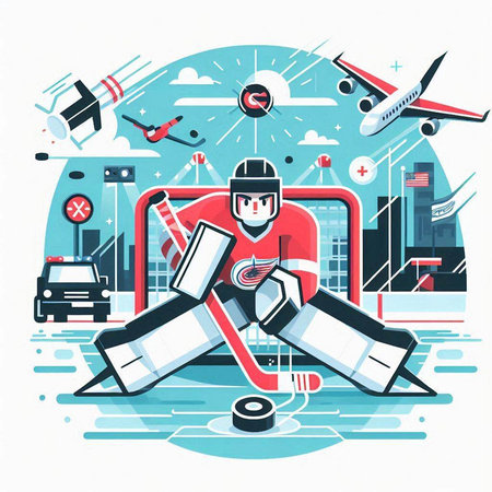 Hockey player on the background of the city. Vector illustration.のイラスト素材