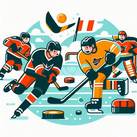 Ice hockey players on the ice. Vector illustration in retro style.のイラスト素材