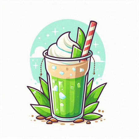 Iced green tea with whipped cream and straw. Vector illustration.のイラスト素材