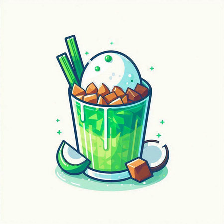 Illustration of a green tea with ice cream in cartoon style.のイラスト素材