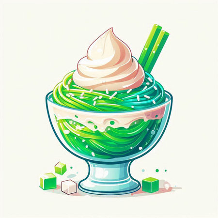 Green tea ice cream with whipped cream in glass bowl. Vector illustration.のイラスト素材