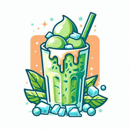 Green tea smoothie with ice and mint leaves. Vector illustration.のイラスト素材
