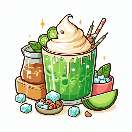 Green tea smoothie with whipped cream and ice cubes. Vector illustration.のイラスト素材