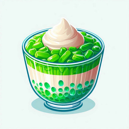 Illustration of a glass bowl with ice cream and green pills.のイラスト素材