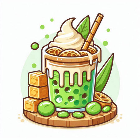 Green smoothie with ice cream and green leaves. Vector illustration.のイラスト素材