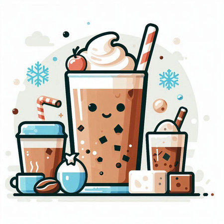 Iced coffee with whipped cream and ice cubes. Vector illustration.のイラスト素材