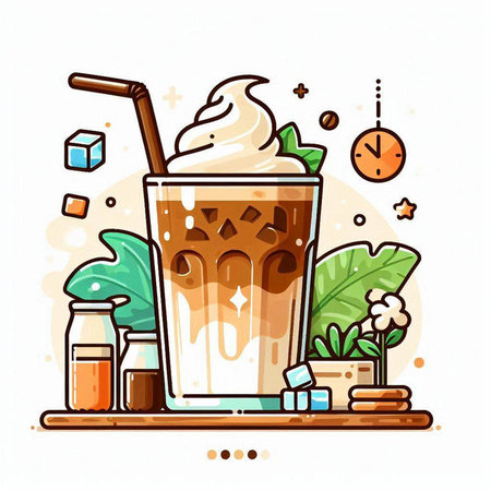 Iced coffee with whipped cream in a glass and ice cubes. Vector illustration.のイラスト素材