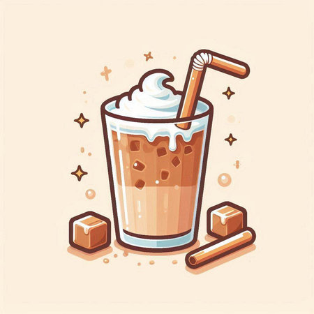 Iced coffee in glass with straw and sugar cubes. Vector illustration.のイラスト素材