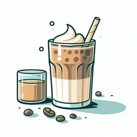Iced coffee with whipped cream and a glass of milk. Vector illustration.のイラスト素材