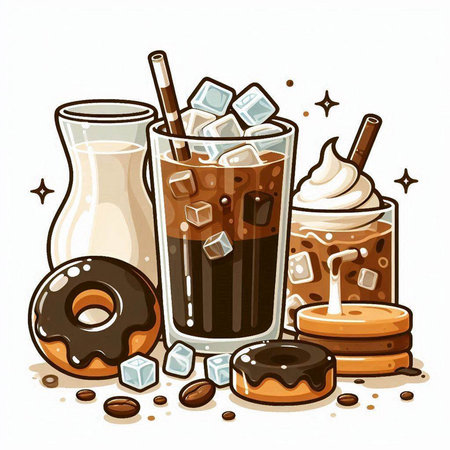 Iced coffee and donuts. Vector illustration of a glass of coffee with ice cubes, donuts and milk.のイラスト素材