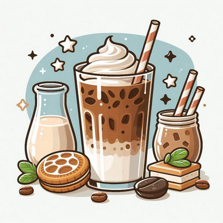 Iced coffee with milk in glass and ingredients. Vector illustration.のイラスト素材