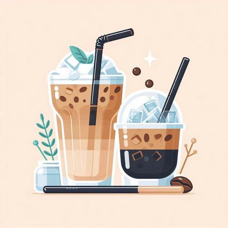 Iced coffee with milk and ice cubes. Vector illustration in flat styleのイラスト素材