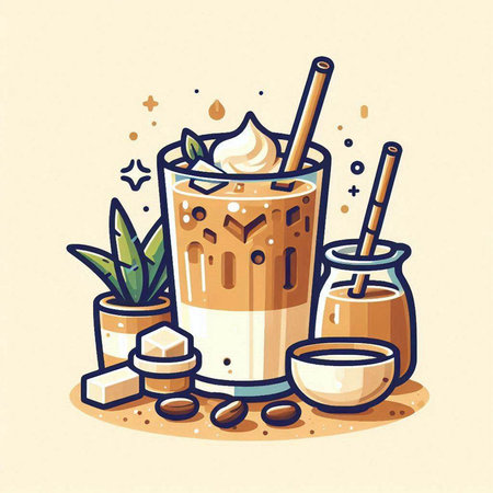 Iced coffee drink with ice cubes and honey. Vector illustration.のイラスト素材