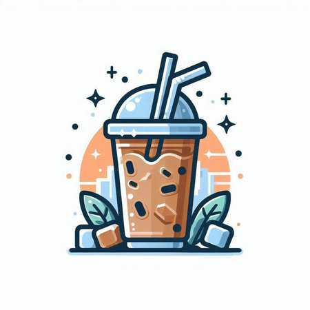 Iced coffee with ice cubes and mint leaves. Flat style vector illustration.のイラスト素材