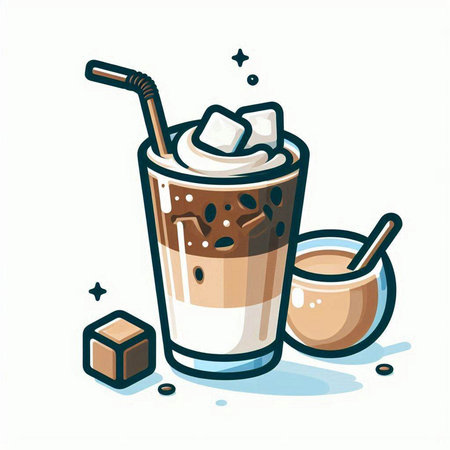 Iced coffee with milk and ice cubes. Vector illustration in cartoon style.のイラスト素材