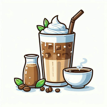 Iced coffee with whipped cream and coffee beans, vector illustration.のイラスト素材
