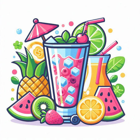 Fruit juice. Vector illustration in flat cartoon style. Summer drink.のイラスト素材