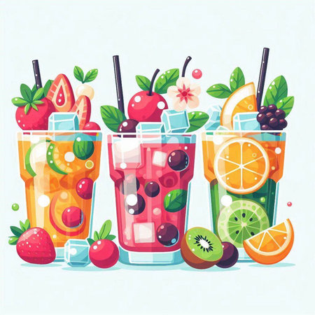 Fruit and berry smoothies in glasses. Vector illustration.のイラスト素材