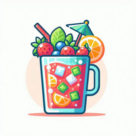 Cocktail with strawberries, blueberries, oranges and mint in a glass. Flat vector illustration.のイラスト素材