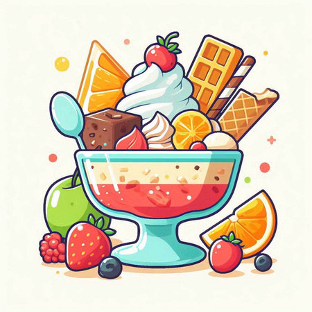 Vector illustration of a bowl with ice cream, fruits and waffles.のイラスト素材