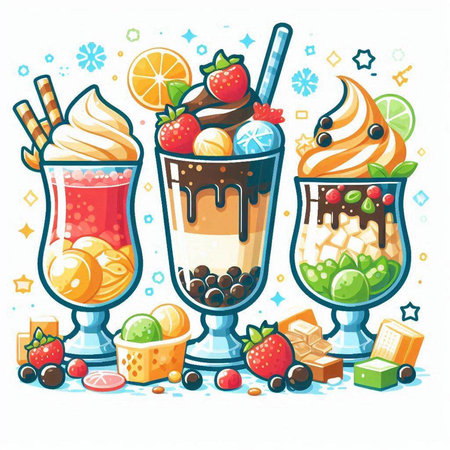 Ice cream sundae with fruit and berries in glasses. Vector illustration.のイラスト素材