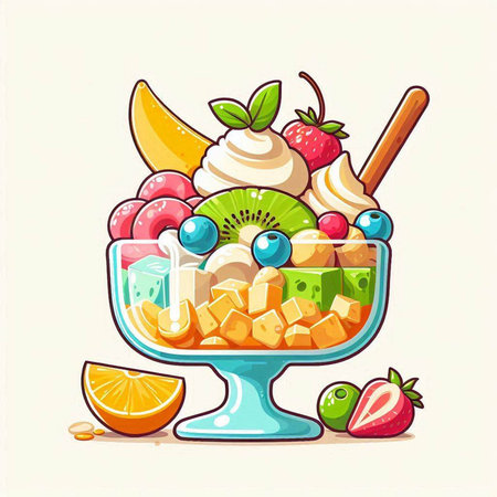 Fruit salad in a glass bowl. Vector illustration of a cartoon style.のイラスト素材