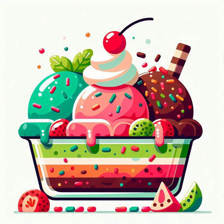 Ice cream in a basket with berries and chocolate. Vector illustration.のイラスト素材