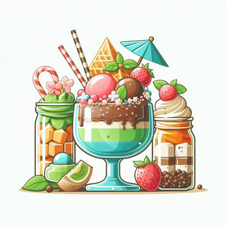 Vector illustration of ice cream in a glass cup with fruits and sweets.のイラスト素材